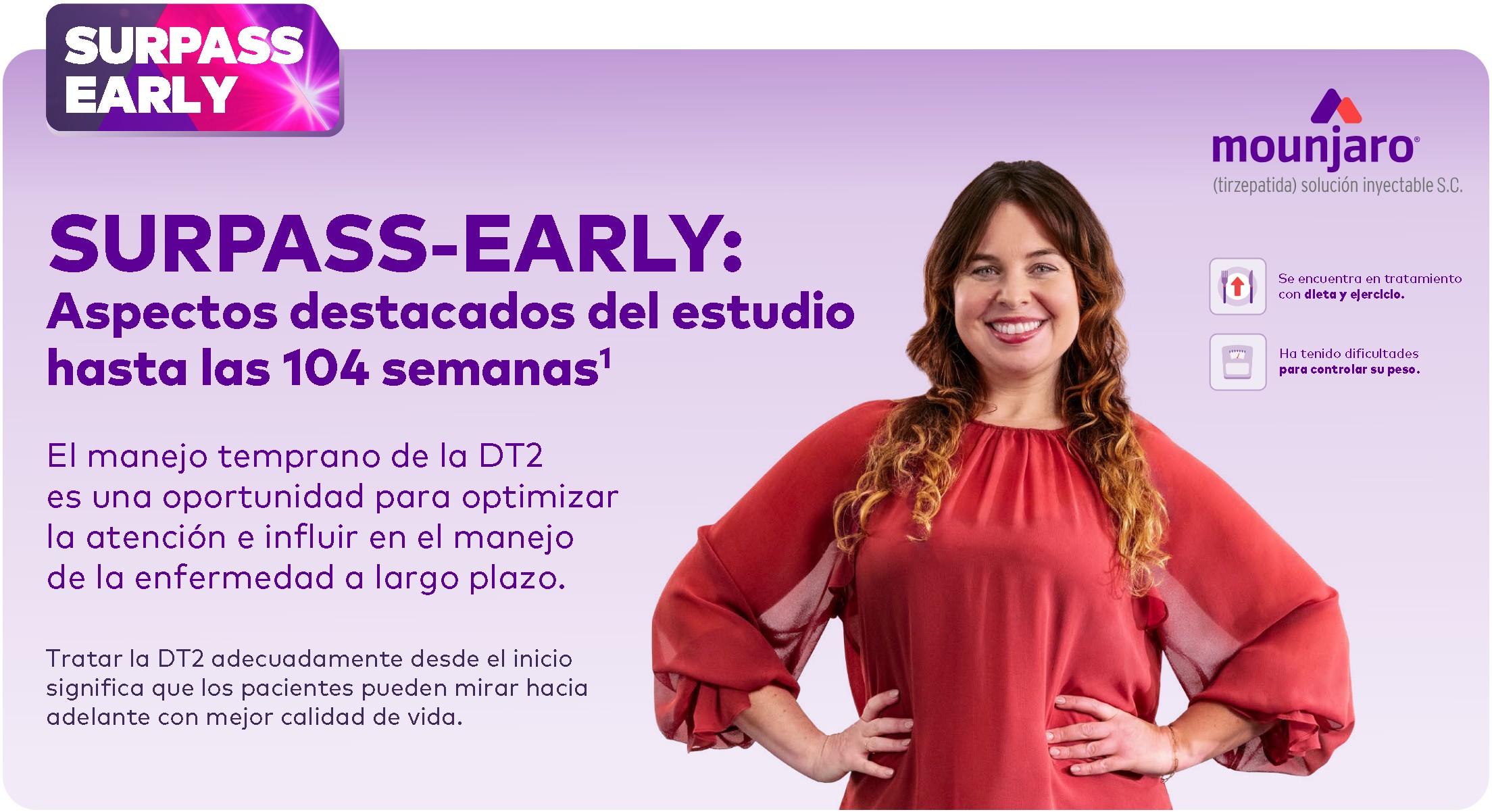 SURPASS-EARLY: Aspectos destacados del estudio hasta las 104 semanas. El manejo temprano de la DT2 es una oportunidad para optimizar la atención e influir en el manejo de la enfermedad a largo plazo. Tratar la DT2 adecuadamente desde el inicio significa que los pacientes pueden mirar hacia adelante con mejor calidad de vida.