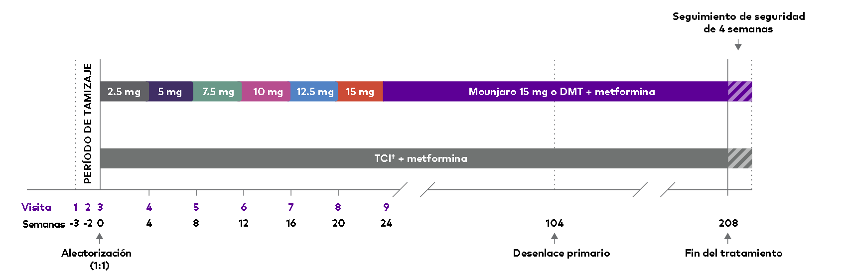 Diseño del estudio: período de tamizaje, aleatorización 1:1, escalada de dosis de Mounjaro de 2.5 mg a 15 mg hasta la semana 20, desenlace primario a las 104 semanas y fin del tratamiento a las 208 semanas, con seguimiento de seguridad de 4 semanas.